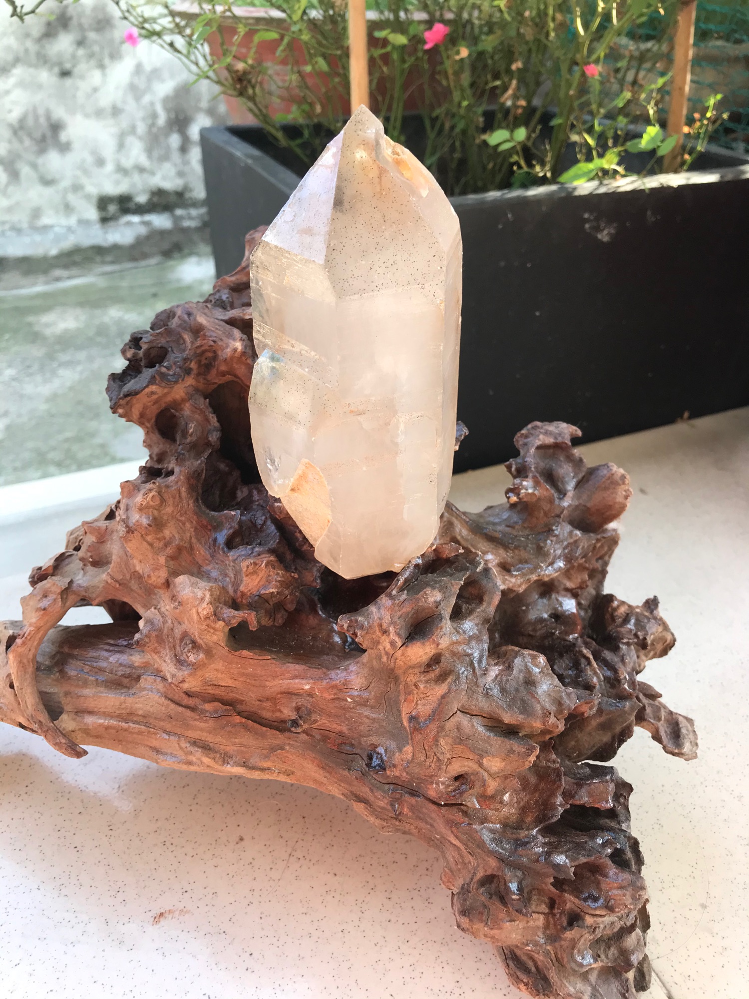 đá Thạch Anh trắng pha lê to lớn kèm đế gỗ độc đáo Ms093