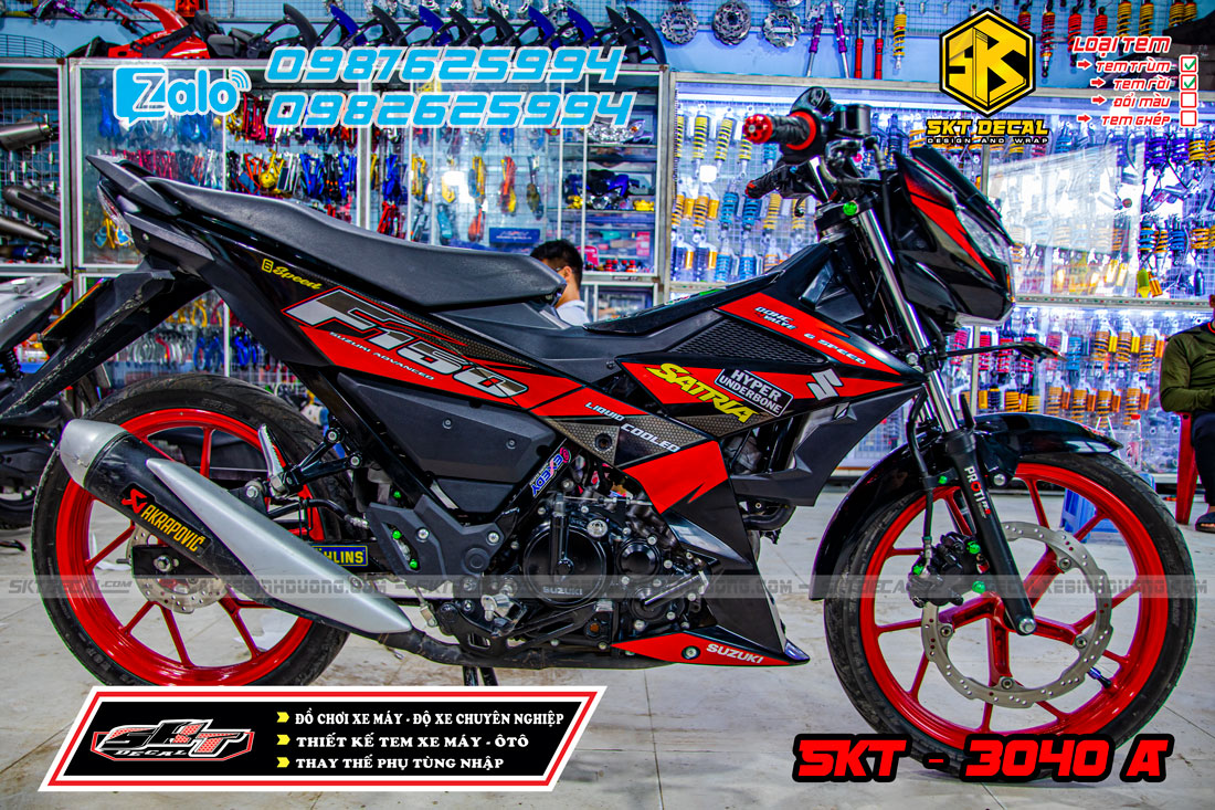 Tem trùm xe satria đỏ đen