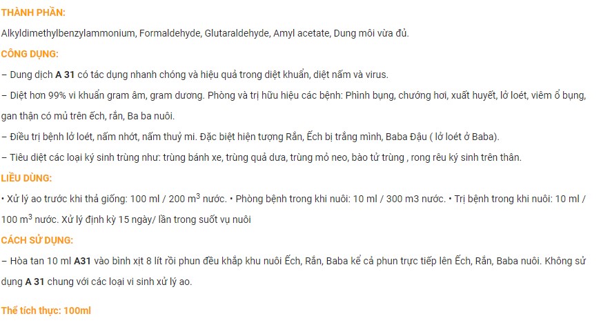 [ Thủy sản] A31 - nấm, ký sinh trùng cho lươn, ếch, baba, rùa, cá chạch