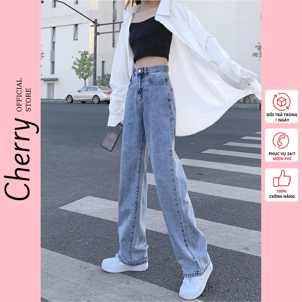 Quần bò ống rộng nữ cạp cao CHERRY quần jeans ống rộng lưng cao, vải bò dày đẹp , không giãn ,dáng suông T008