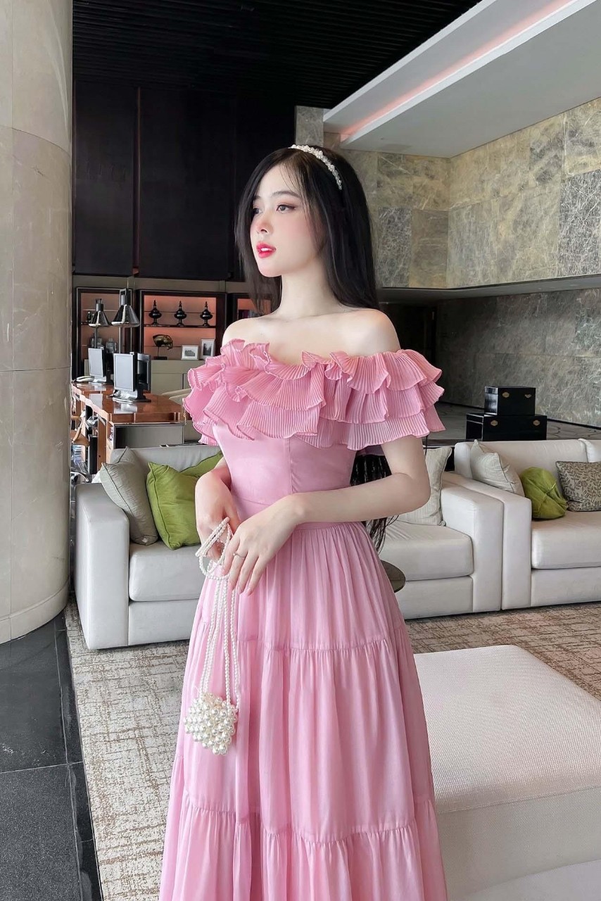 Đầm maxi voan trễ vai chất vải mềm mại uyển chuyển cực hot up hhp