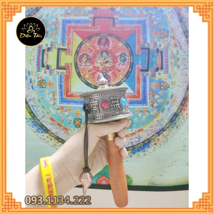 Kinh luân cầm tay có chứa câu chú Om Mani Padme Hum bánh xe kinh luân MS450 pháp khí đồ thờ cúng