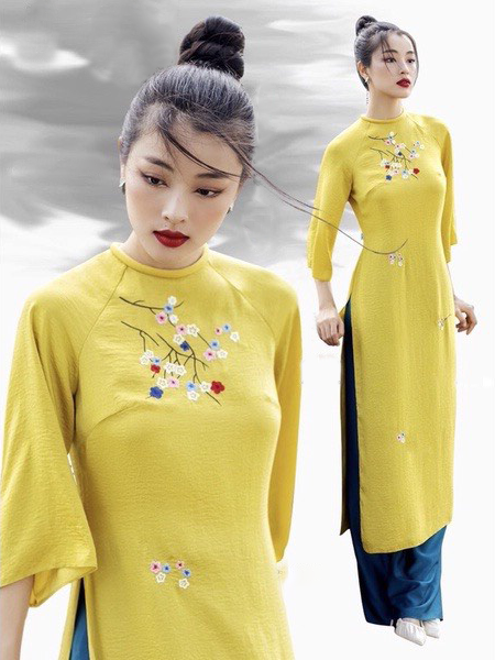 Áo Dài Cách Tân Dáng Xuông Cổ Tròn Tay Lỡ ,Áo Dài Suông Nữ Họa Tiết Thêu Lắc Tay Truyền Thống Màu Vàng Đẹp Cao Cấp Mặc Tết, Lễ Cưới
