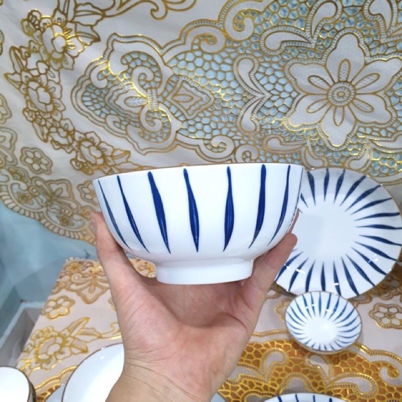 Set 10 Bát ăn cơm Bát Tràng Sọc xanh cao cấp