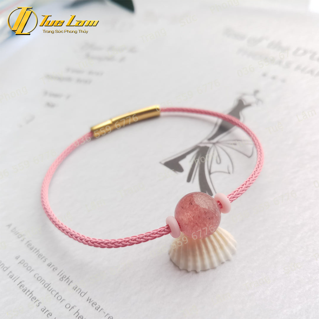Vòng tay phong thủy hạt đá thạch anh dâu tây hồng xỏ cáp, hợp mệnh hỏa thổ, may mắn bình an - Tuệ Lâm
