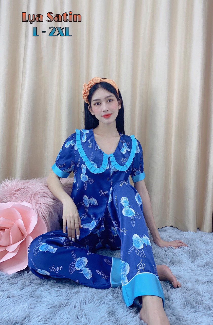 [HCM]Đồ Ngủ PIJAMA Phi Bóng Lụa Phối Cổ Nhún Bèo Dễ Thương Của Thời Trang Nữ