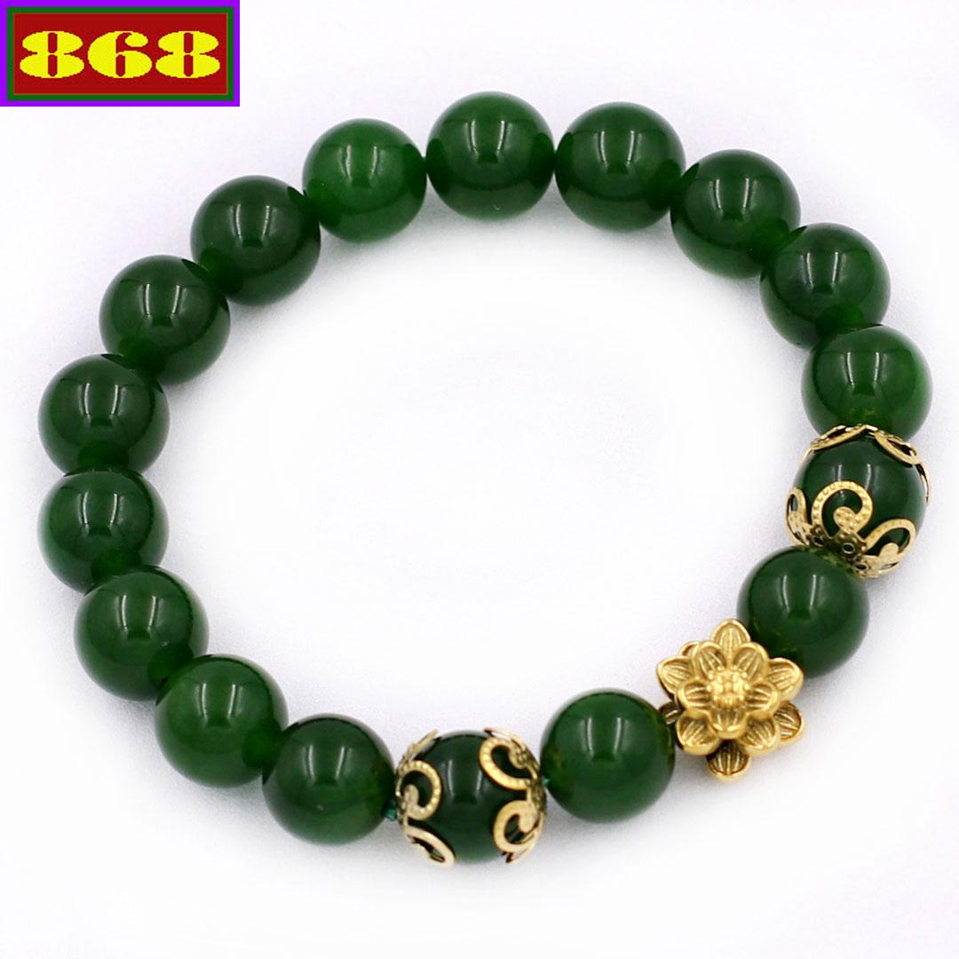 Vòng chuỗi đeo tay đá thạch anh xanh rêu 10 ly - Chuỗi tay hoa sen vàng VTAXRHSBKV10