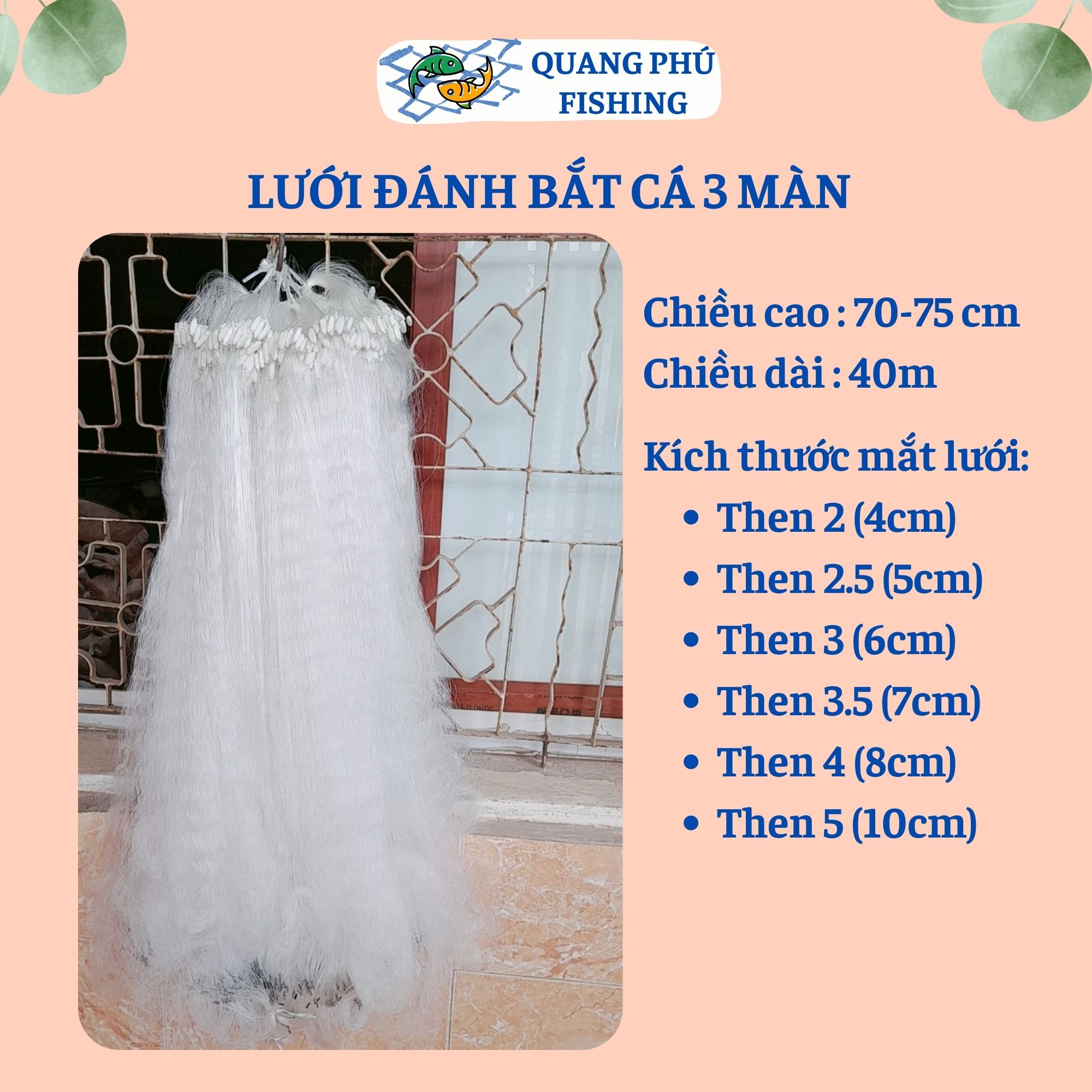 Lưới bắt cá sông 3 màn cao 70-75cm, dài 40m then 2, , then 2.5 , then 3 , then 3.5 , then 4 , then 5 lưới đánh cá sông, hồ ao suối bắt cá từ nhỏ đến vừa