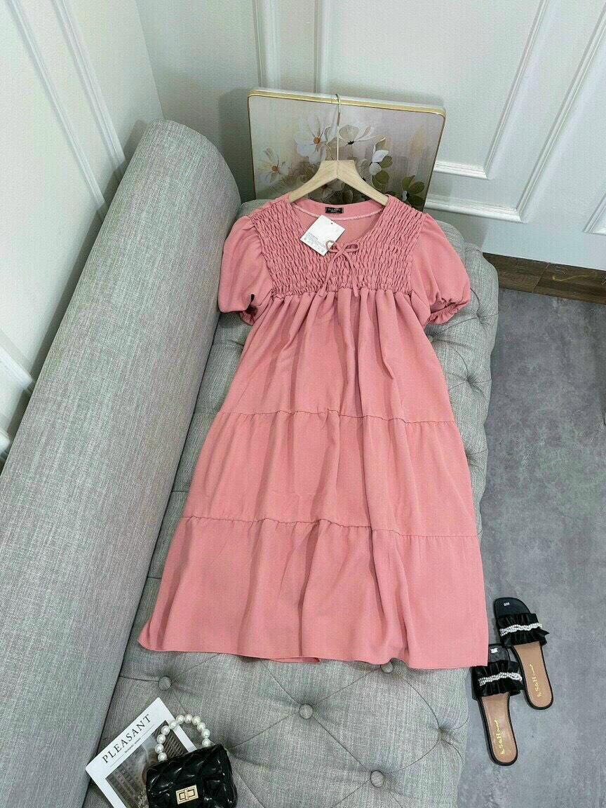 [Freeship 2022] Đầm Babydoll Hồng Cột Nơ Tay Phồng