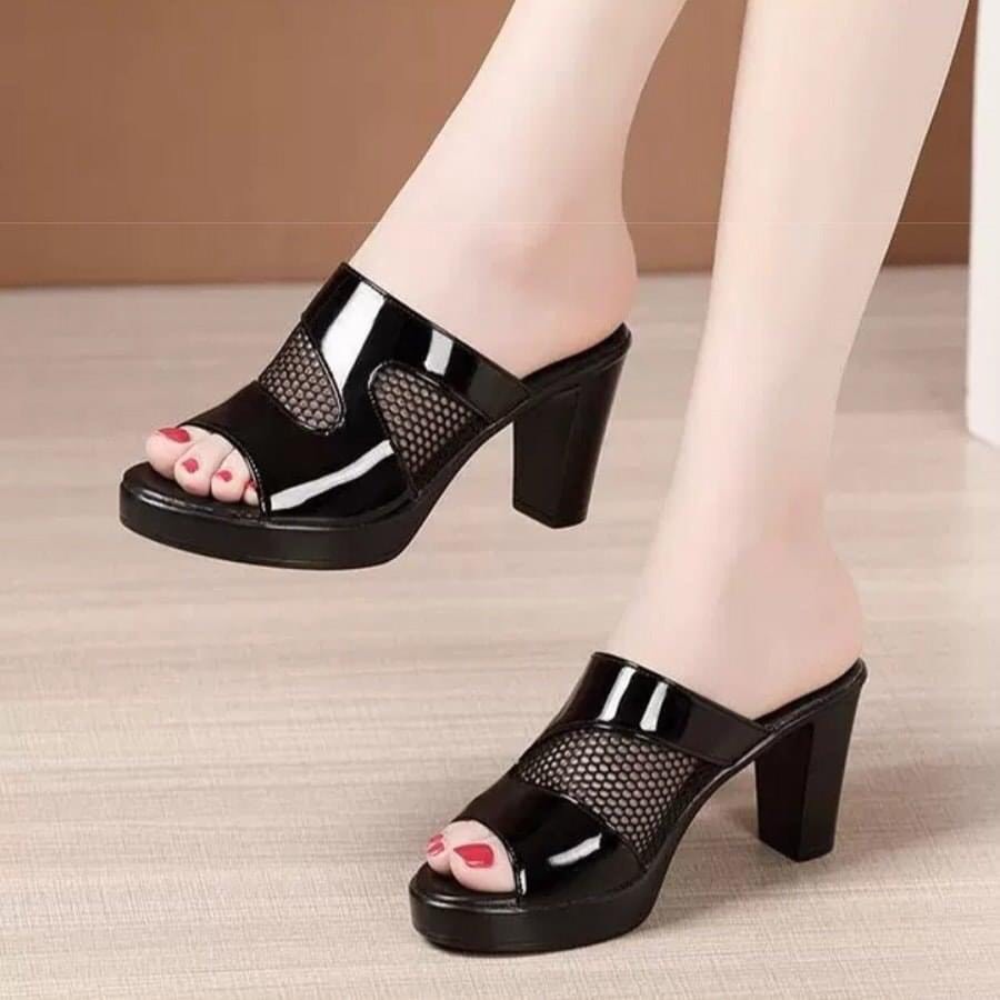 Dép cao gót phối lưới 7p  cao cấp