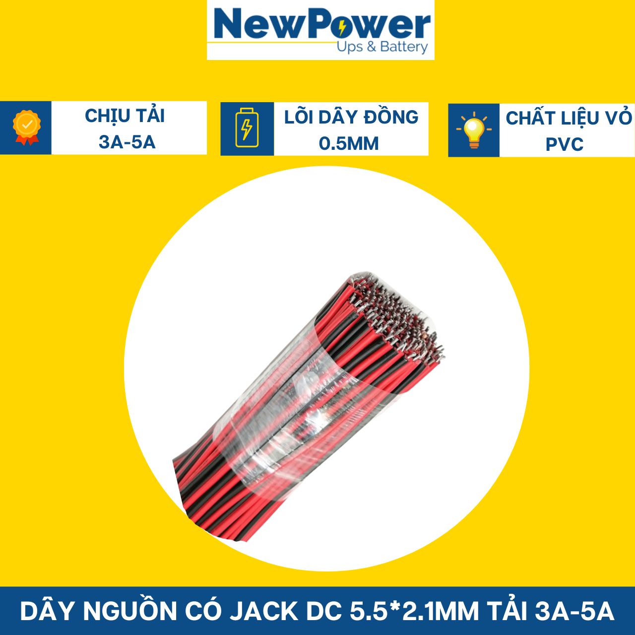 Dây nguồn có jack DC 5.5 chịu tải 3-5A (dây đực)