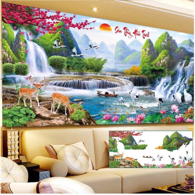 Tranh thêu chữ thập Phong Cảnh Lưu Thủy Sinh Tài LV3306 (160x68) chưa thêu