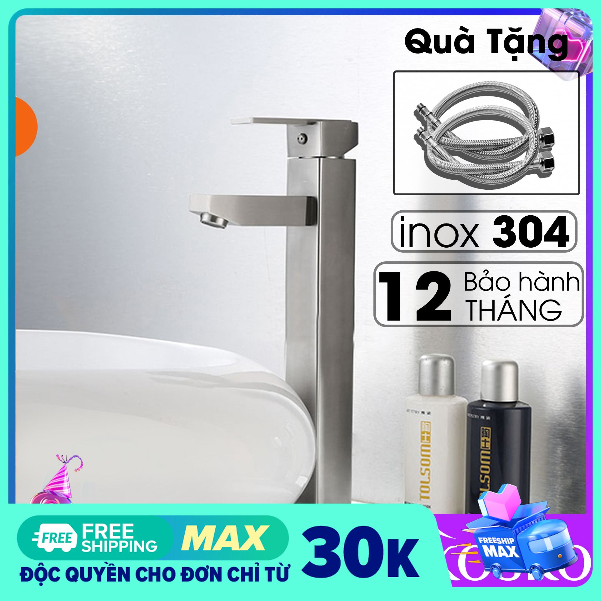 Vòi lavabo nóng lạnh inox SUS 304 vuông cao 30cm (Hàng chuẩn loại 1) (Tặng kèm dây cấp) phù hợp với mọi loại chậu rửa mặt 1 Lỗ, lavabo rửa mặt chậu thường – chậu dương vành – chậu dương bàn – chậu âm bàn (Bảo hành 1 đổi 1 trong vòng 7 ngày)