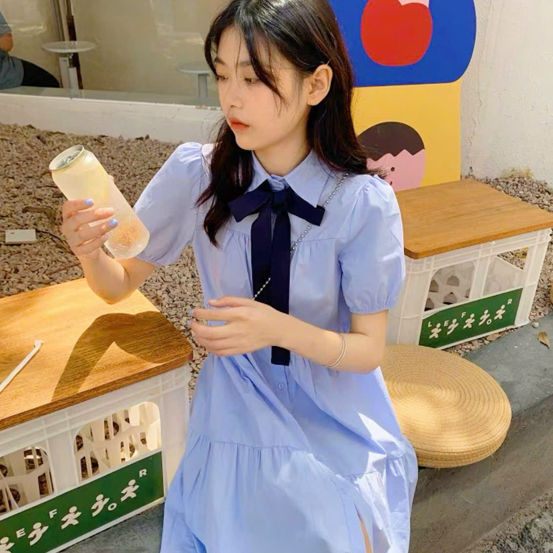 Đầm babydoll xanh nơ cổ