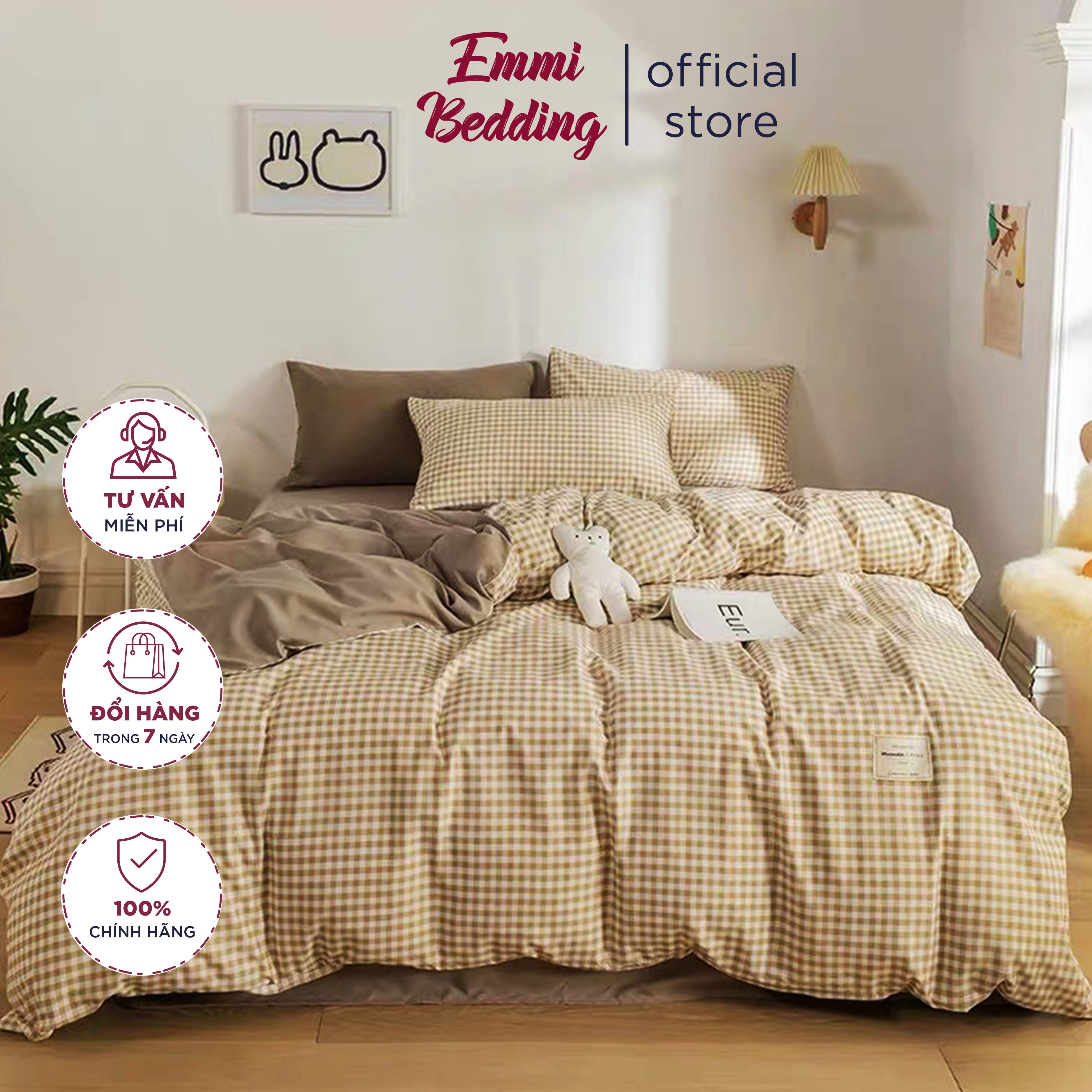 Bộ chăn ga gối cotton tc kẻ emmi bedding set 4 món caro be ấm ấp