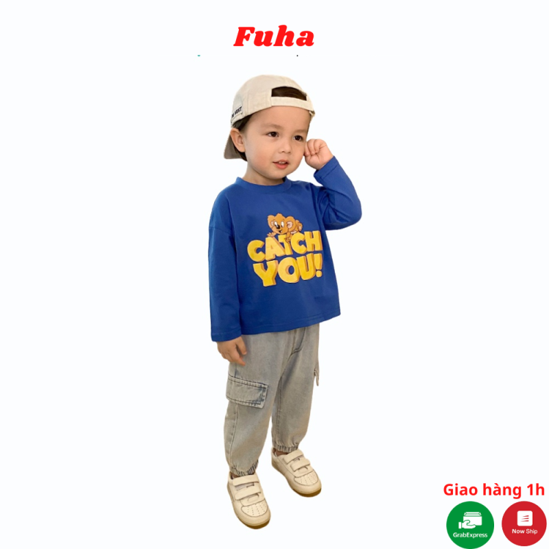 Áo thun cho bé FUHA, áo thun dài tay in họa tiết ngộ nghĩnh cho bé trai từ 10kg đến 20kg