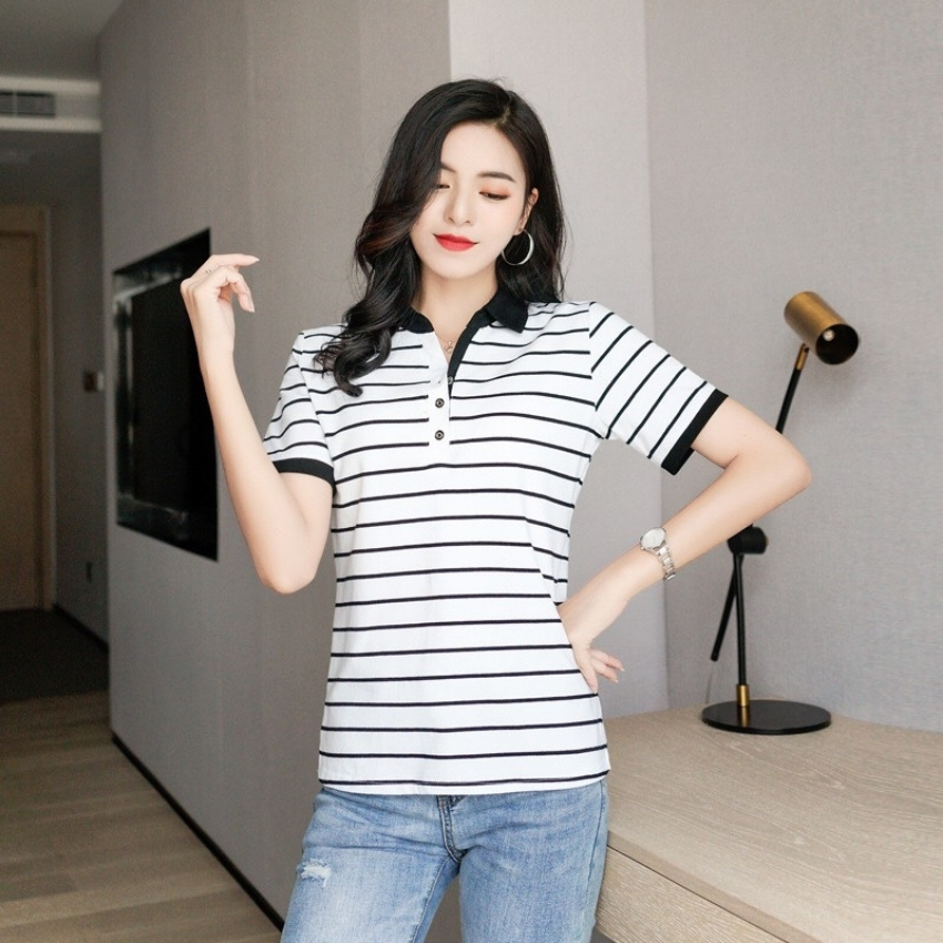 Áo thun nữ polo có cổ phối sọc Mã W225 Thời trang EMEY LUXURY Chất vải thoáng mát bền màu Phong cách Hàn Quốc trẻ trung, năng động