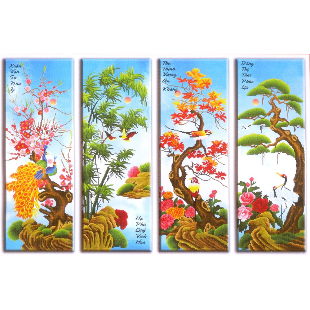 Tranh thêu chữ thập tứ quý mai trúc cúc tùng 223045 kt 134x78cm