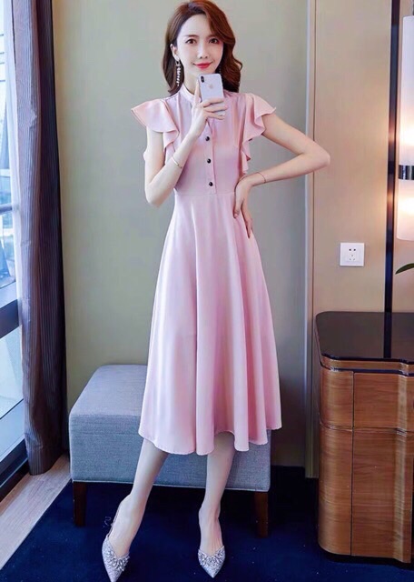Đầm hồng cánh tiên nút đen