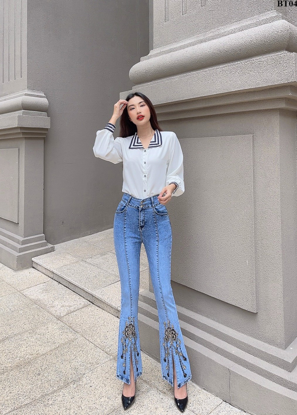 Quần jean nữ ống loe thêu sẻ ống