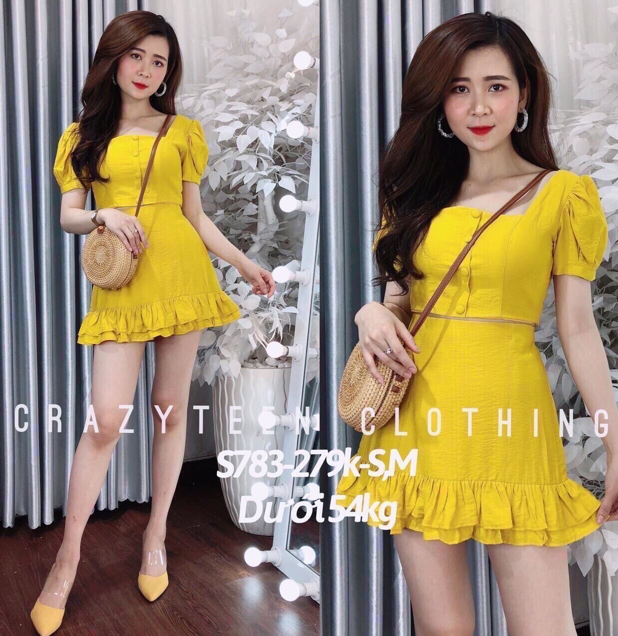 Set Áo Cổ Vuông Đính Nút Váy Đuôi Cá