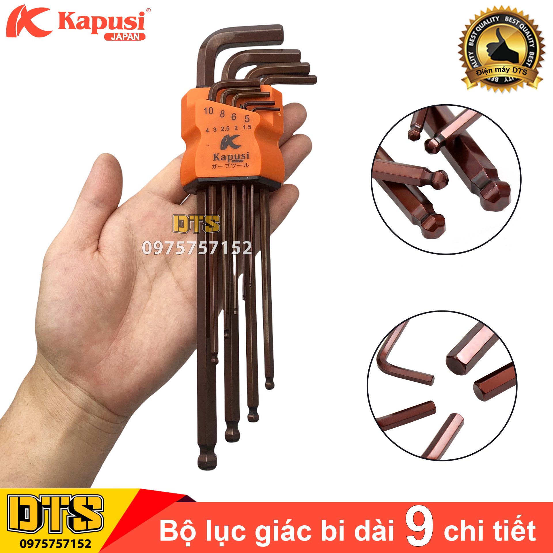 Bộ lục giác bi, bộ hoa thị đầu bông mai có lỗ thép S2 nâu dài Nhật Kapusi JAPAN 9 chi tiết tay chữ L tối ưu, siêu bền bỉ, dễ dàng vặn bulong ốc vít, bộ khóa lục giác chìm đa năng, bộ chìa lục giác, bộ bông hoa thị, bo luc giac Kapusi