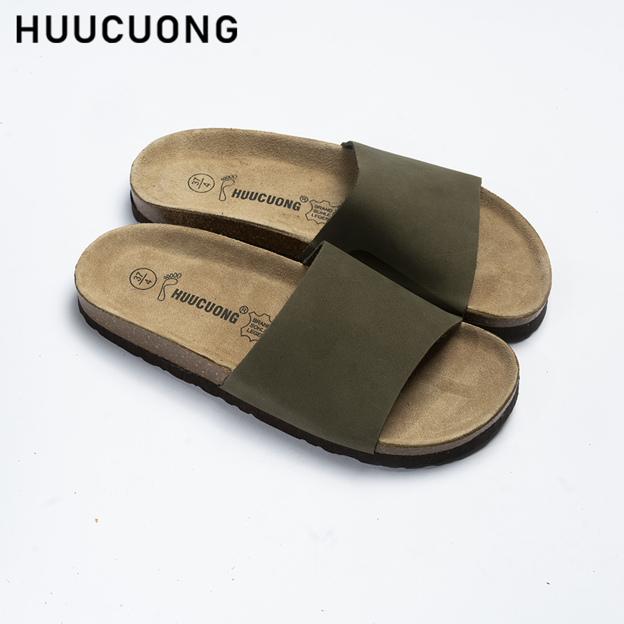 Dép unisex 1 quai da bò rêu đế trấu