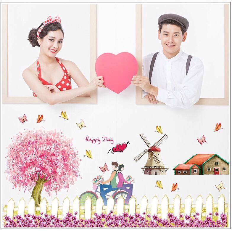[HCM]Decal dán tường hoa hồng phấn và cối xay gió