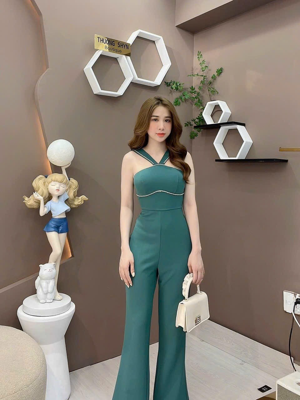Hoàn tiền 15% - jum nữ jum cổ yếm dây quần ống loe chất cotton lạnh phối viền ren 2 màu đen xanh