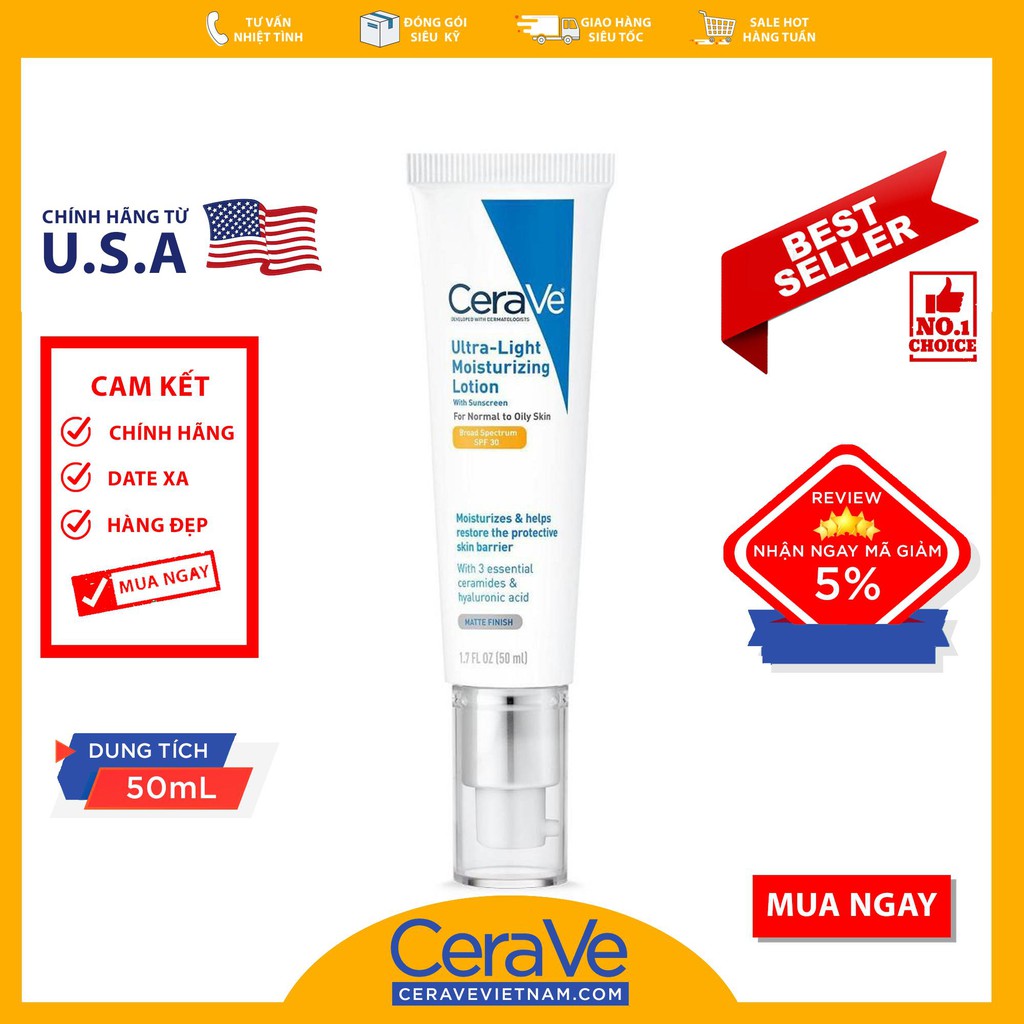 CeraVe Ultra-Light Moisturizing Lotion SPF 30 - Kem dưỡng ngày da dầu