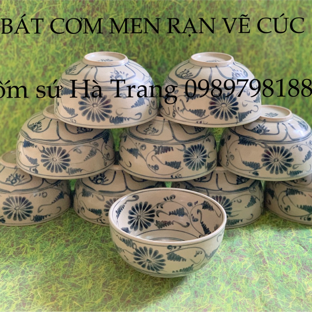 Combo 10 bát cơm men rạn vẽ cúc gốm sứ Bát Tràng cao cấp không chì