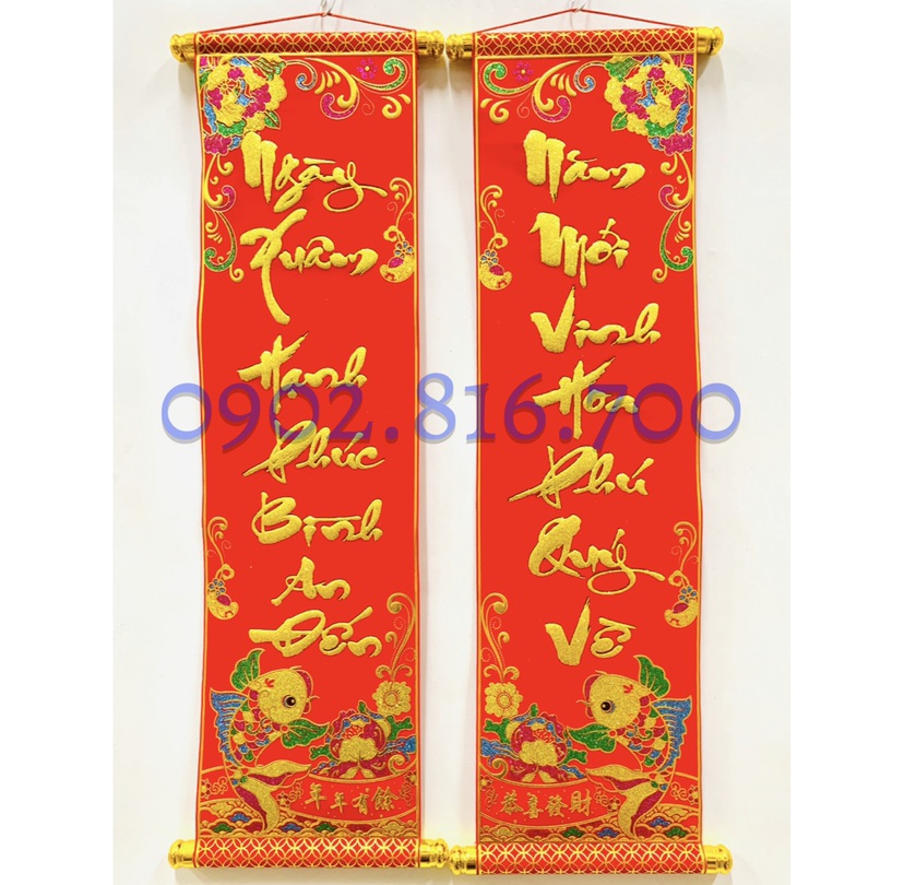 Câu đối nhung treo trang trí tết chủ đề chúc tết khổ 7 tấc