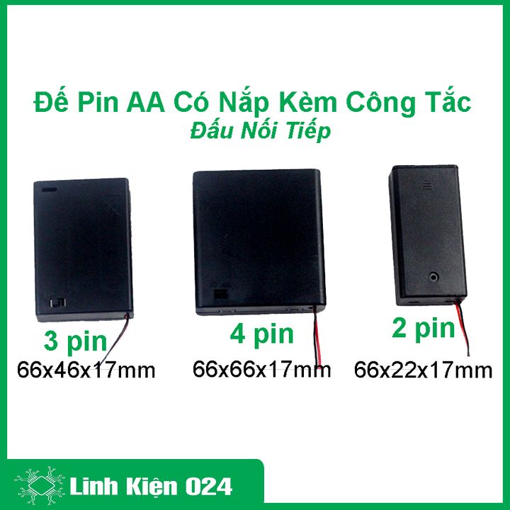 Đế pin AA có nắp kèm công tắc, hộp đế đựng pin đấu nối tiếp 2 pin/3pin/4pin