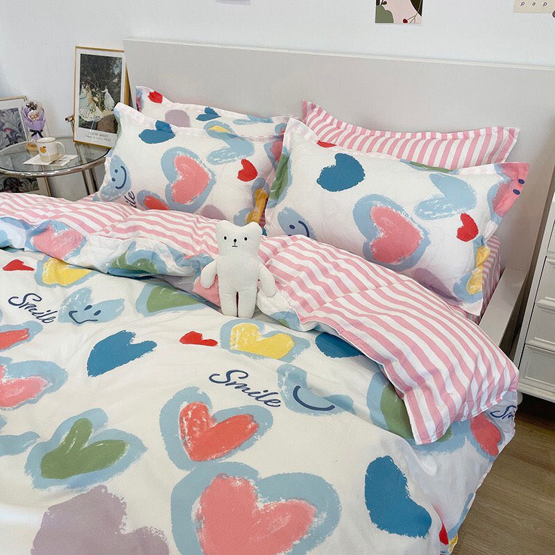 Bộ chăn ga gối cotton poly - Mẫu tim smile