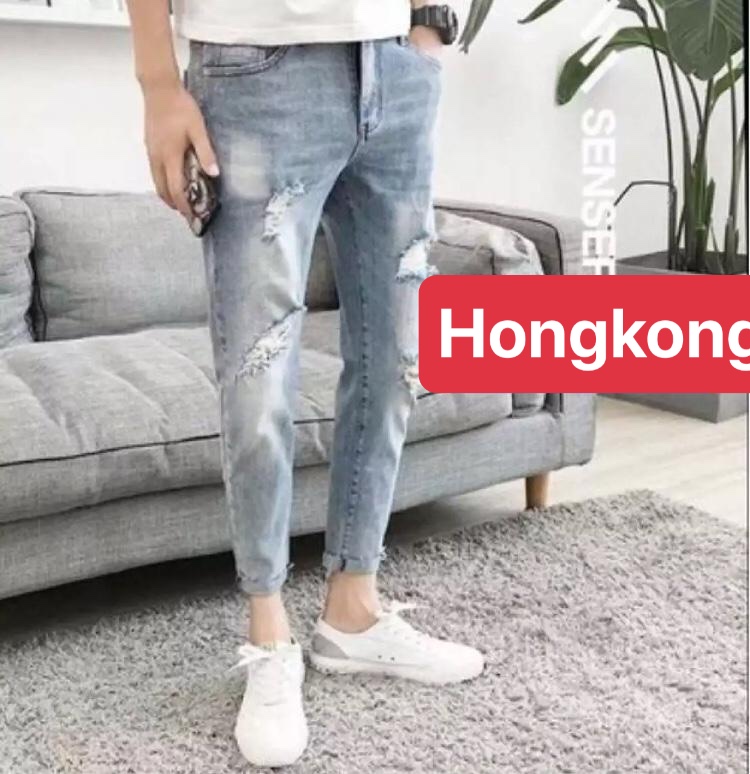 QUẦN JEAN NAM CHẤT BÒ XANH BẠC RÁCH WASH SANG QUẢNG CHÂU, CO GIÃN NHẸ CAO CẤP DB-2606 HONG KONG FASHION