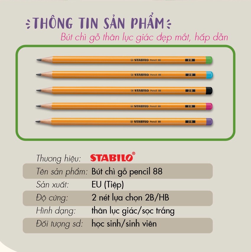 Combo bộ bút chì gỗ STABILO Pencil 2B đầu đen PC88
