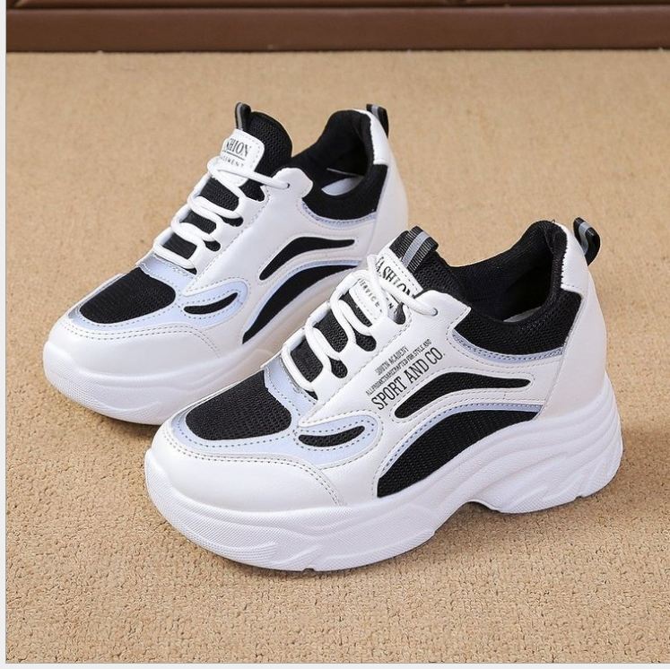 Giày thể thao nữ độn đế 2 màu full trắng và đen phản quang cao 6cm 2022