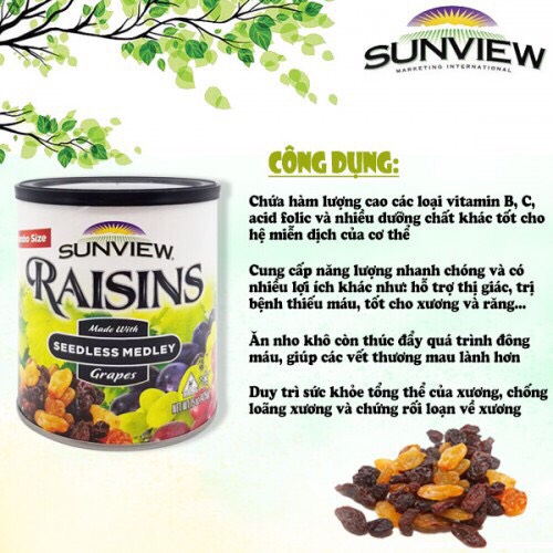 Nho Khô Mỹ Không Hạt Sunview Raisins 425g - đồ ăn vặt - đồ khô