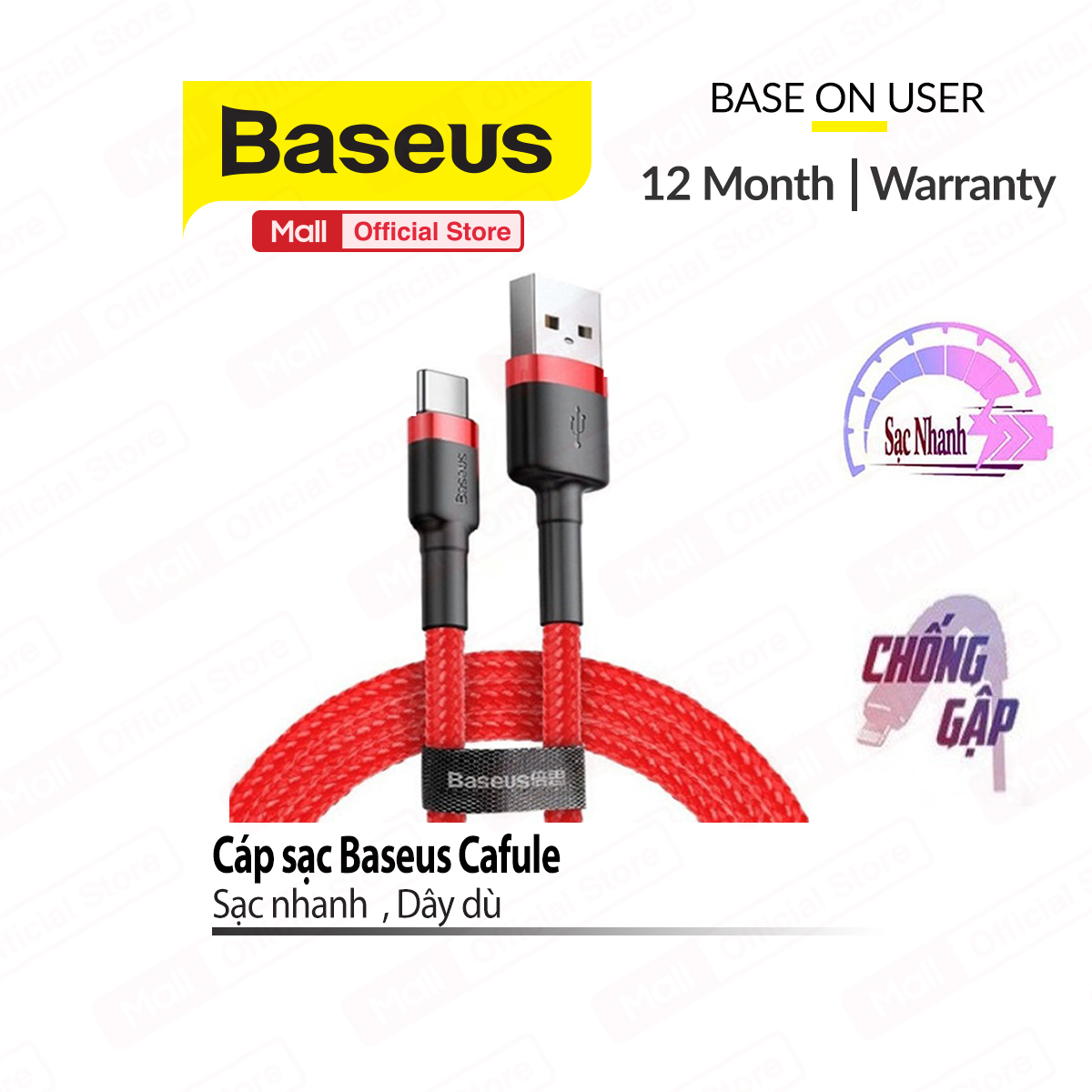 Cáp sạc nhanh Baseus Cafule Type-C dây dù truyền dữ liệu ổn định nhanh chóng cho Android