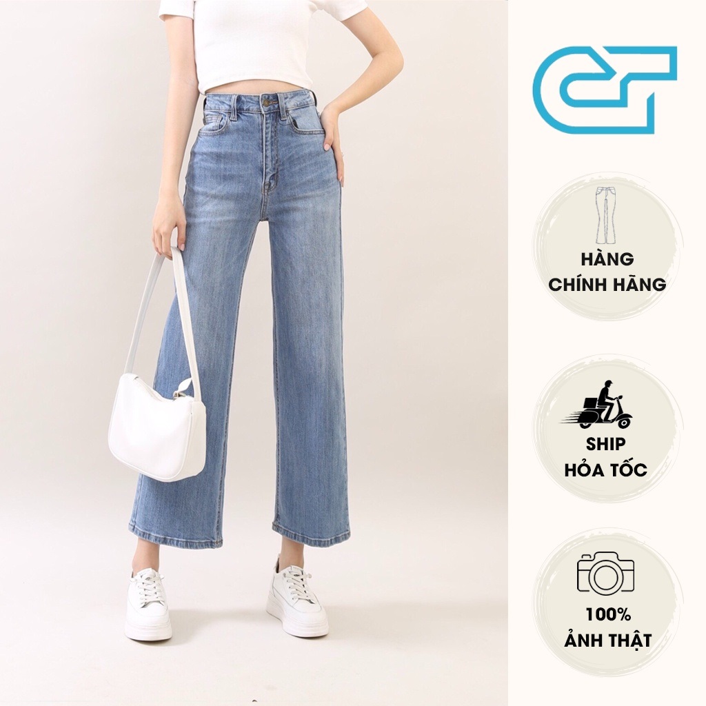 Quần jean ống rộng lưng cao phong cách basic 3 màu xanh đen trắng tùy chọn