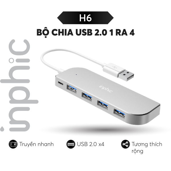 Hub USB 2.0 4 cổng Inphic H6 hỗ trợ cho tất cả các dòng máy tính để mở rộng thêm cổng USB - Chính Hãng