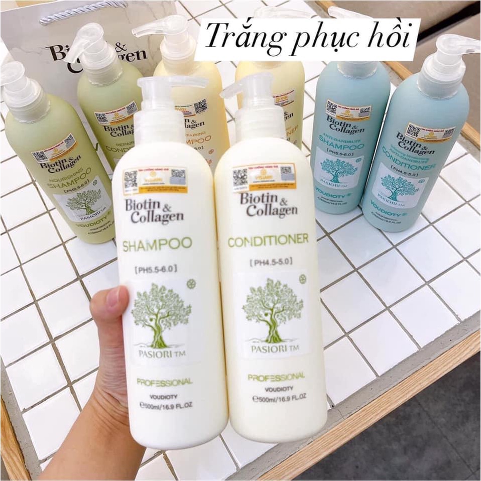 Cặp Dầu Gội xả Biotin Collagen Trắng 500ml Giảm Rụng Tóc, Kích Mọc Tóc, Phục Hồi Tóc 500ml
