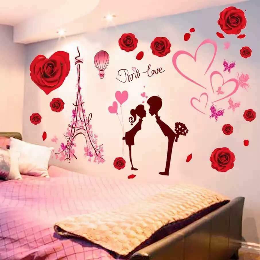 Decal dán tường hoa hồng trái tim và cặp đôi