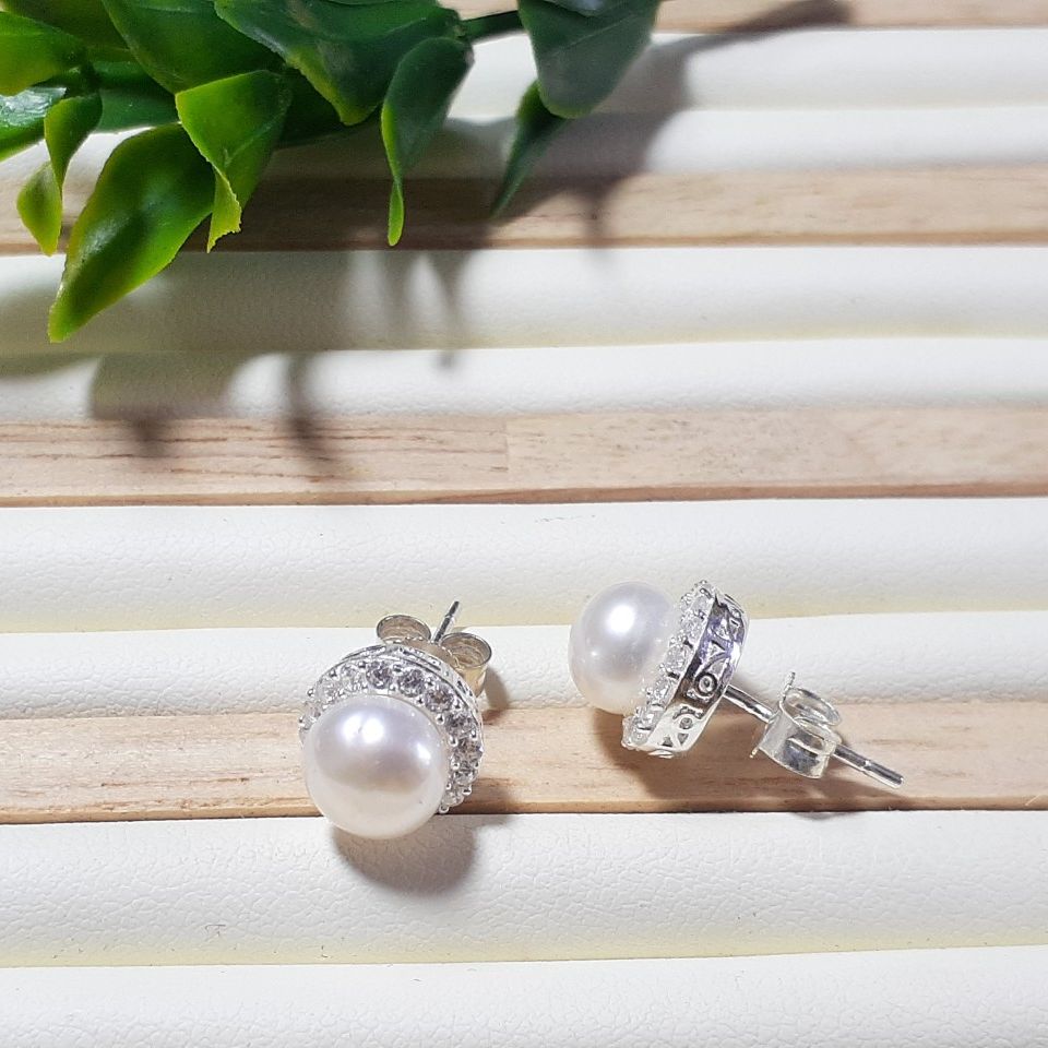 Real pearl jewelry-silver earrings Pearl hemisphere