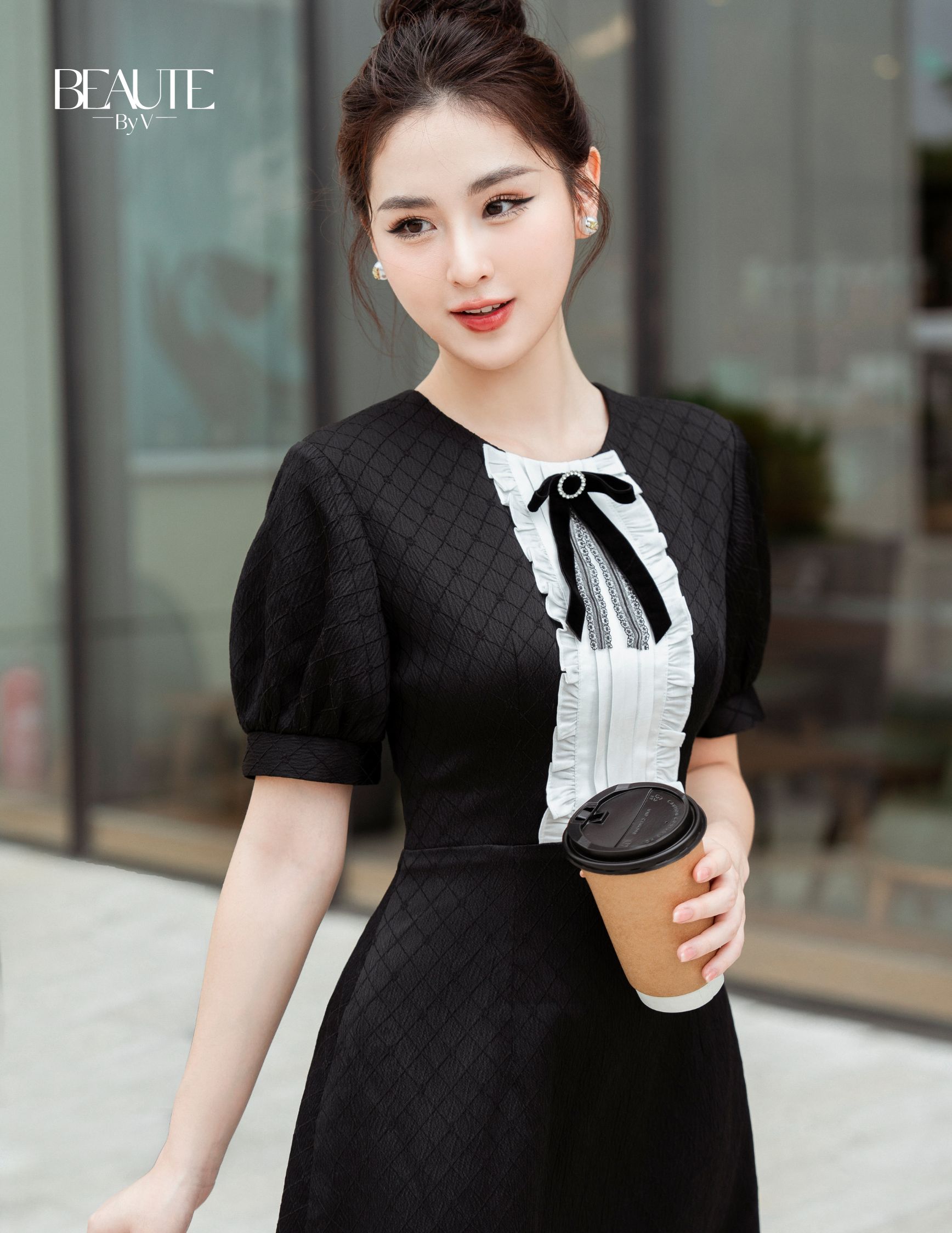BEAUTEBYV - Váy nữ chiết eo phối xếp bèo Aurelia (Nơ tặng kèm)