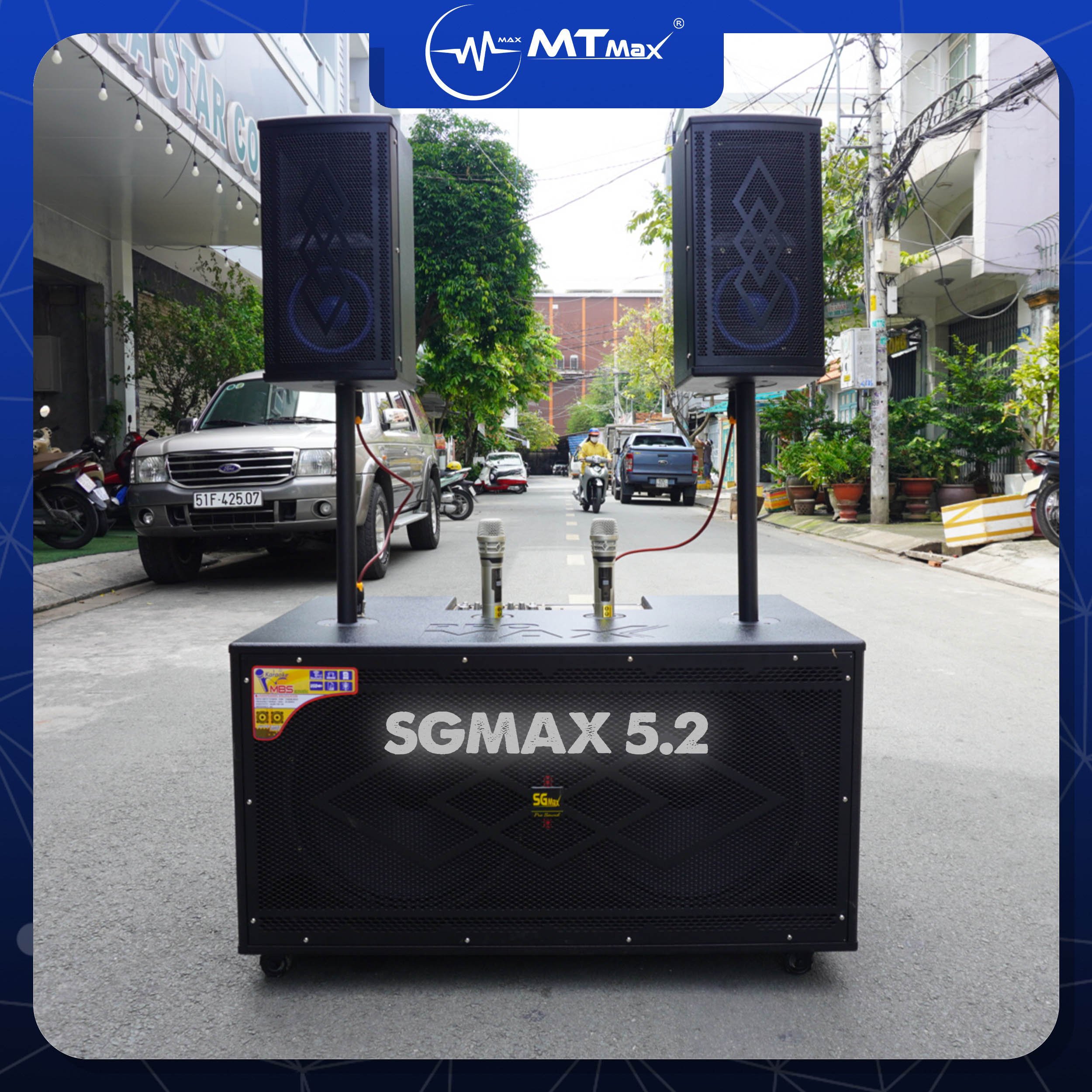 Loa karaoke di động công xuất đỉnh sgmax 5.2 bass đôi 40 tặng kèm loa thanh xoay 360 + 2 micro không dây âm cực chi tiết