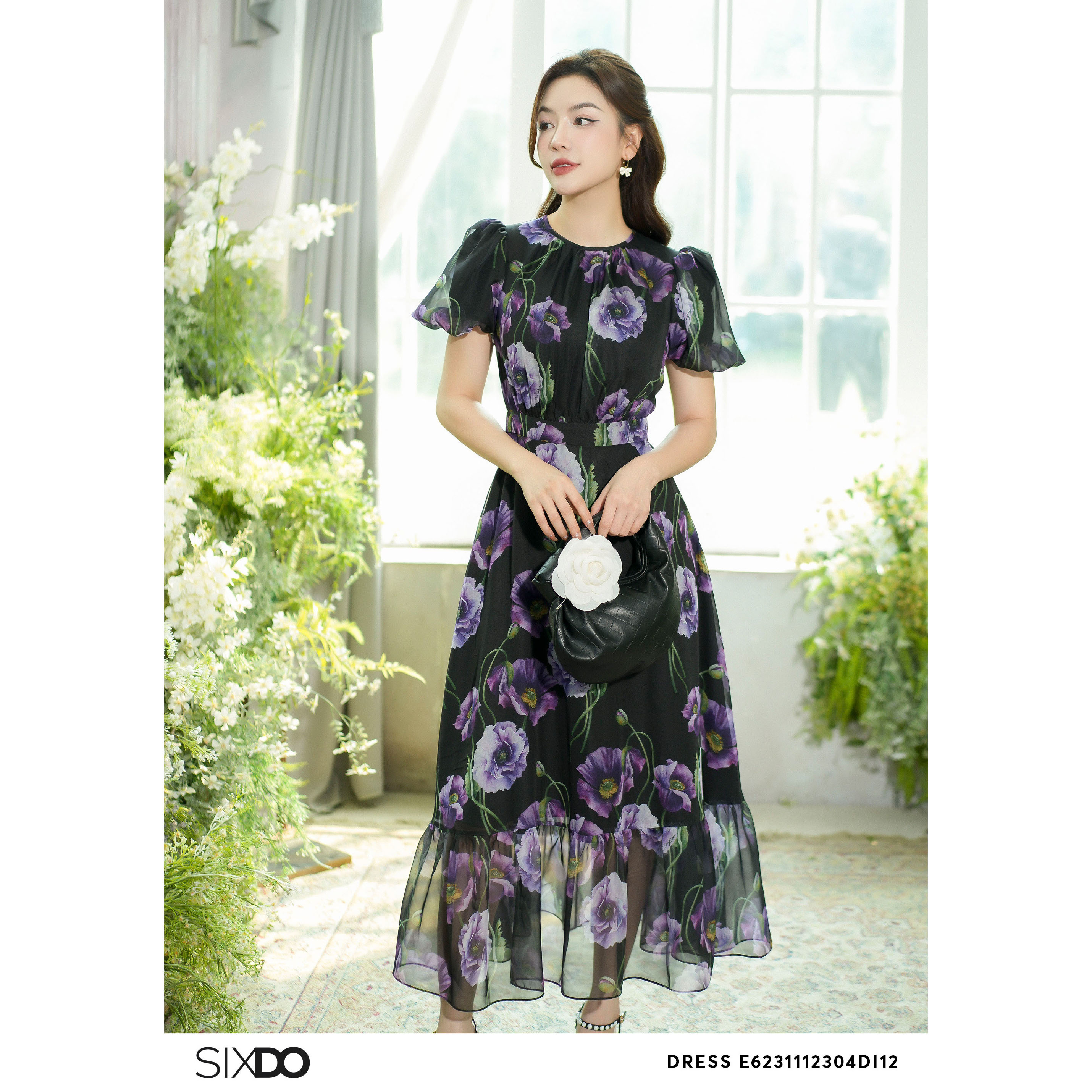 Đầm tơ organza tay phồng SIXDO (Print Organza Midi Dress)