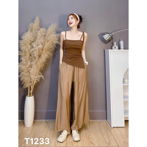 Set áo gân tăm 2 dây vạt xéo và quần đũi suông rộng T1233