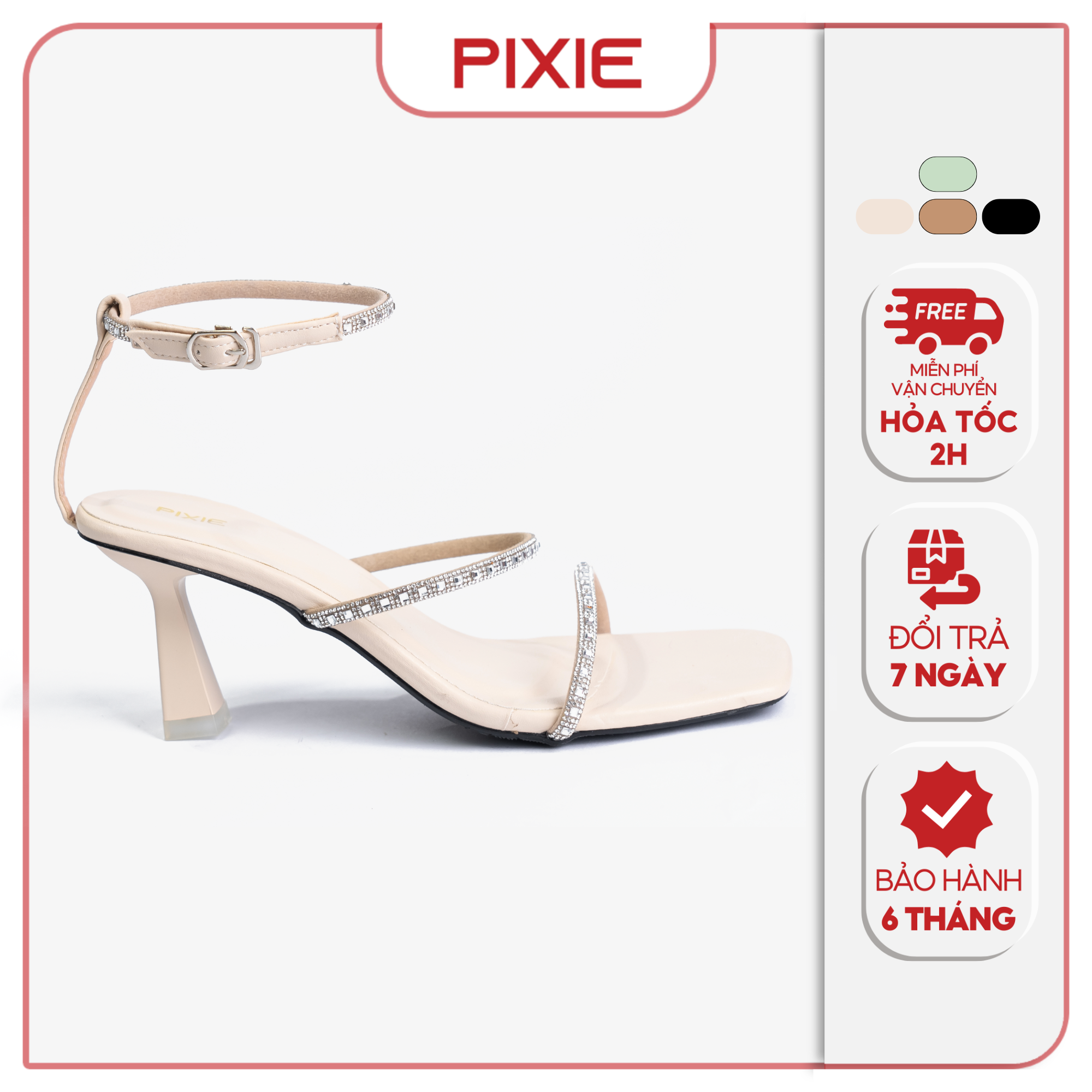 Giày Sandal Kiểu Cao Gót 8cm Hai Quai Đính Đá Pixie H291
