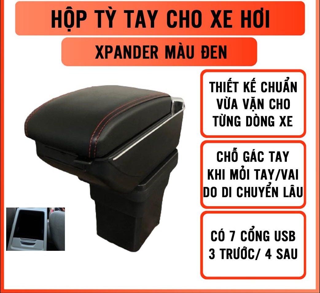 Hộp tỳ tay cho xe MITSUBISHI XPANDER - 7 cổng usp, 2 ngăn đựng đồ tiện ích - quà tặng cây thông thơm treo xe